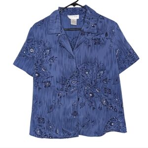Graver Studio Blue Floral Short Sleeve Casual Button Down Shirt Size Medium